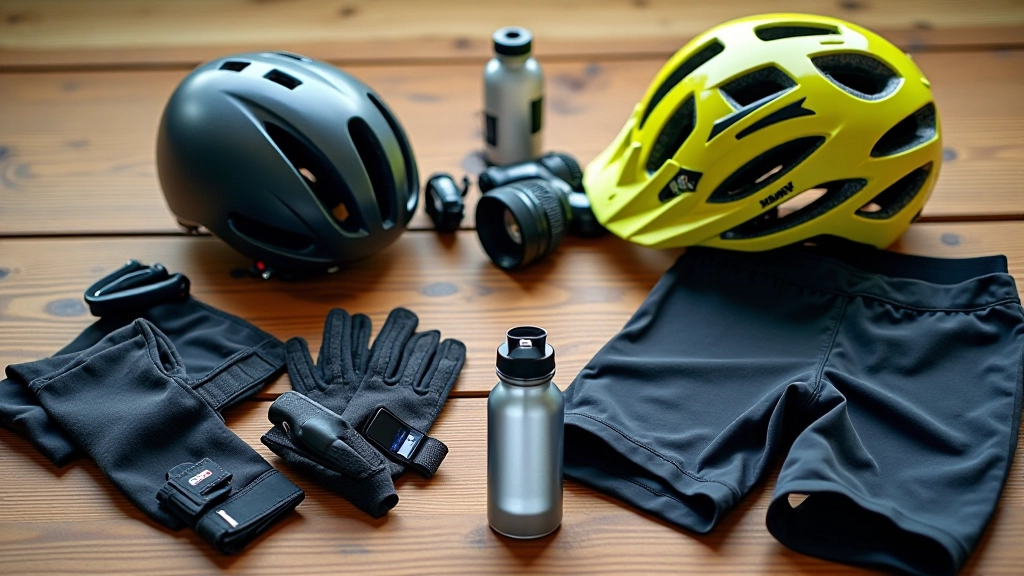 Velobraucēja somas un aprīkojums uz galda — ūdens pudele, kaski, cimdī, skaļi apģērbi
