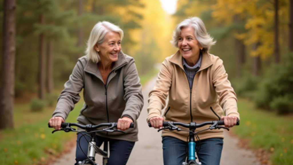 Divas senioras uz velosipēdiem, smaidošas un draudzīgas, kopā braukšana Dzintaros